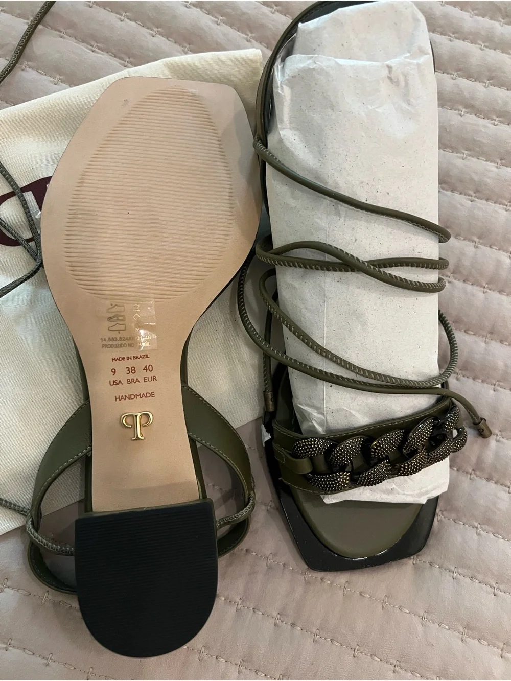 Piazza Flower Olive Green Chain-Trim Lace-Up Sandals